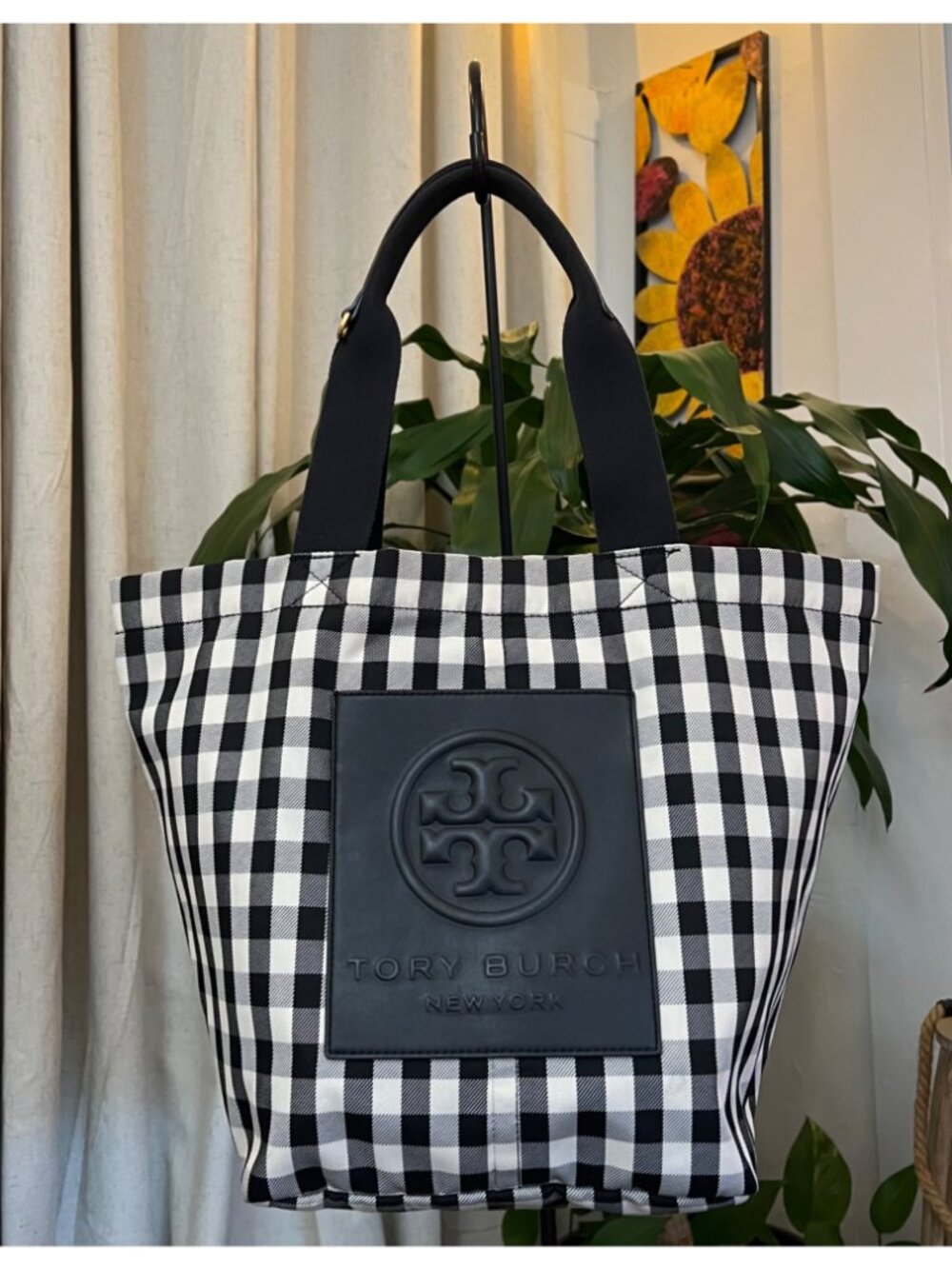 TORY BURCH BLACK AND WHITE PIPER GIGHAM TOTE - Picture 9 of 11
